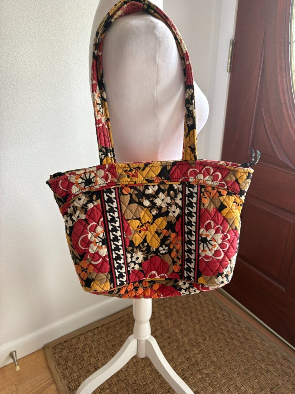 Vera Bradley Bittersweet Quilted Cotton Tote Shoulder Bag Floral Houndstooth EUC